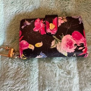 Betsey Johnson Black Floral Compact Wallet with Pink Roses